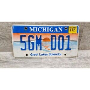 Michigan License Plate 5GMD01 Great Lakes Splendor Mackinac Bridge Sunset Sep 20